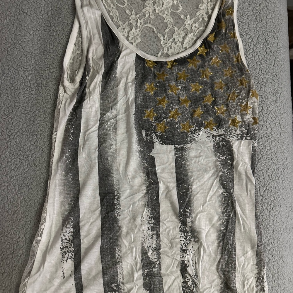 Gold Star Accent Black & White Lace-Back Tank Top